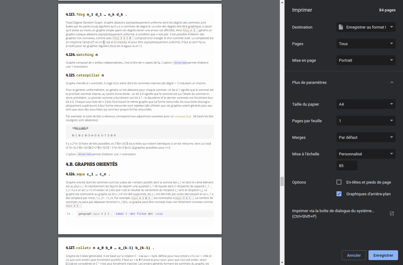 Le manuel visionné avec la boite de dialogue d’impression de Chromium
